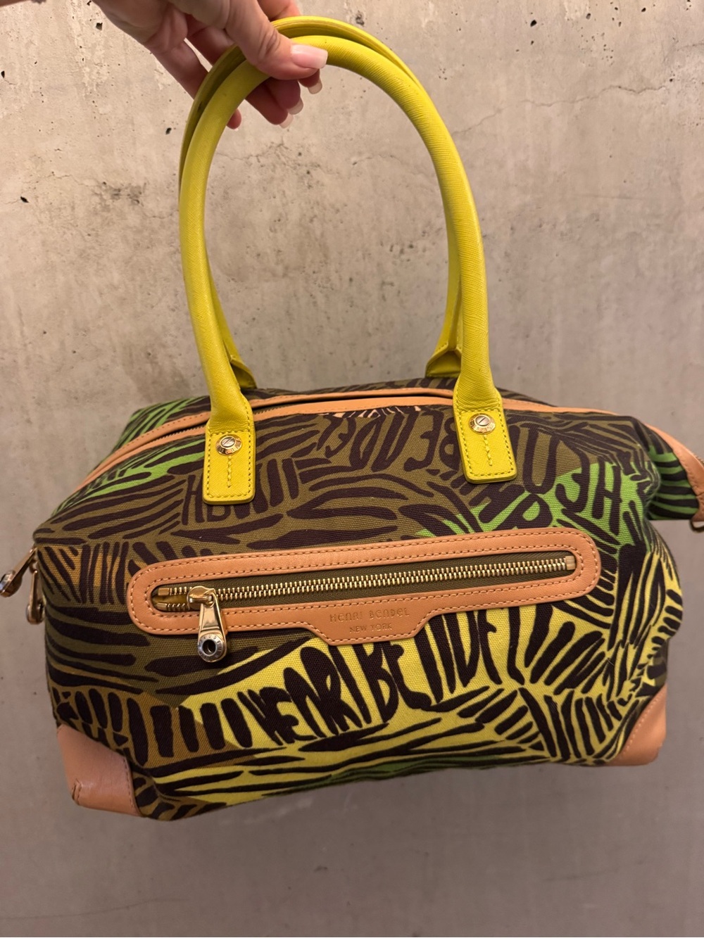 henri bendel HTF Yellow Green Patterned Canvas Satchel w/ Tan Leather Trim
